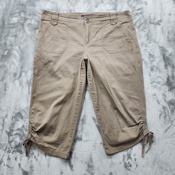 Gloria Vanderbilt Pants Womens 12 Tan Tyra Capri Ruched Hem Embroidered Studded - Picture 1 of 16